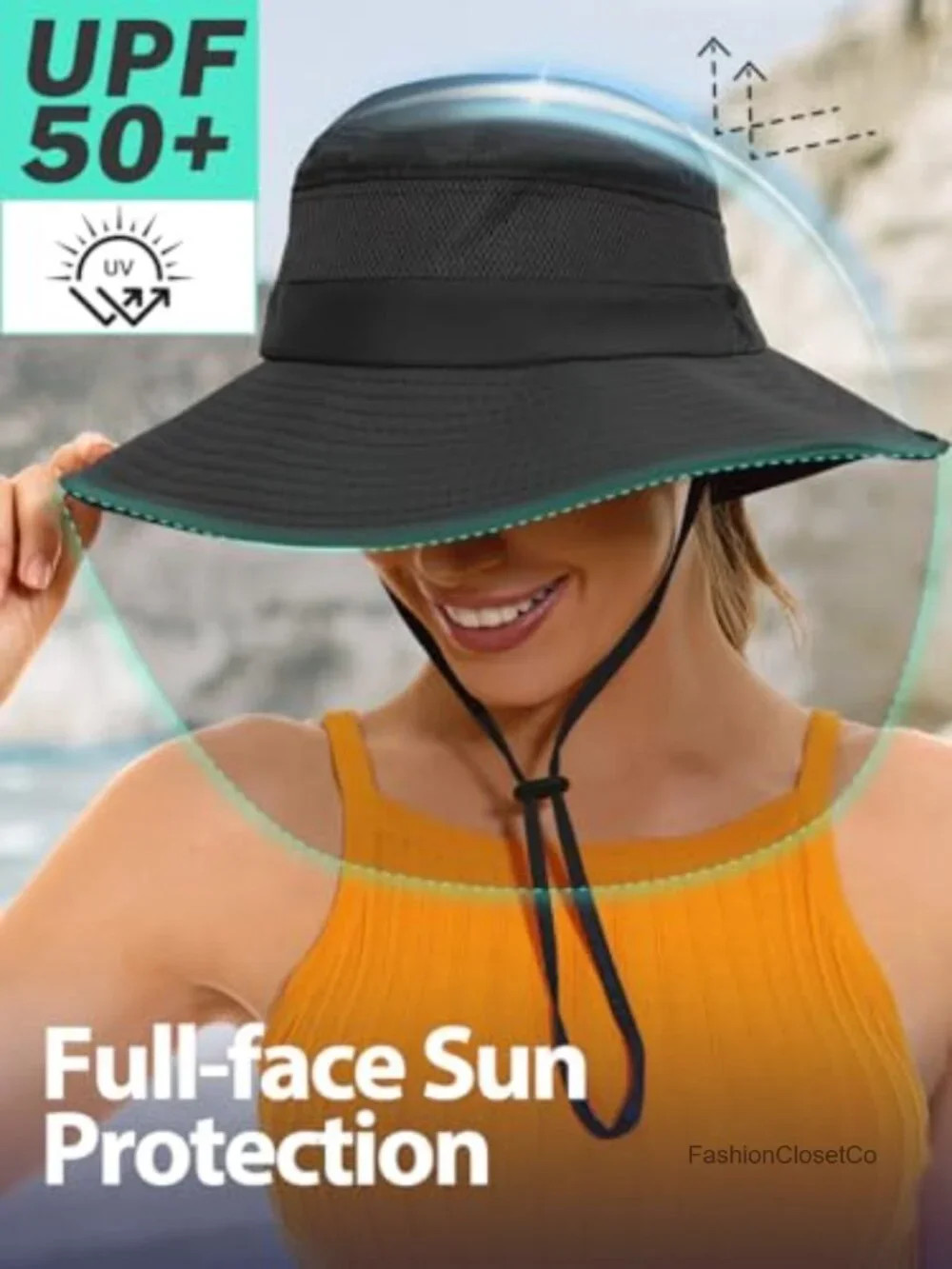 UPF 50+ Waterproof Bucket Hat with Ponytail Hole for Hiking Fishing